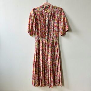 Vintage Albert Nipon 70s/80s Pleated Floral Print Midi Dress Cottagecore Medium